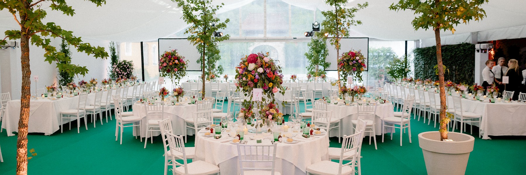 Hellbrunner Adventzauber (c) Gassner Gastronomie, Foto Zauner: Das Bild zeigt ein elegantes Festzelt, das stilvoll für eine Hochzeit oder Feier dekoriert ist. Weiße Rundtische mit fein gedecktem Geschirr, weißen Stühlen und üppigen Blumenarrangements in kräftigen Farben schaffen eine festliche Atmosphäre. Hohe Blumengestecke und grüne Bäume in großen Töpfen verleihen dem Raum eine natürliche, frische Note. Das grüne Teppichdesign harmoniert mit dem Pflanzenkonzept und bringt Lebendigkeit in den Raum. Die durchsichtige Zeltwand lässt Tageslicht herein und sorgt für ein helles, freundliches Ambiente – perfekt für ein stilvolles Sommerfest.